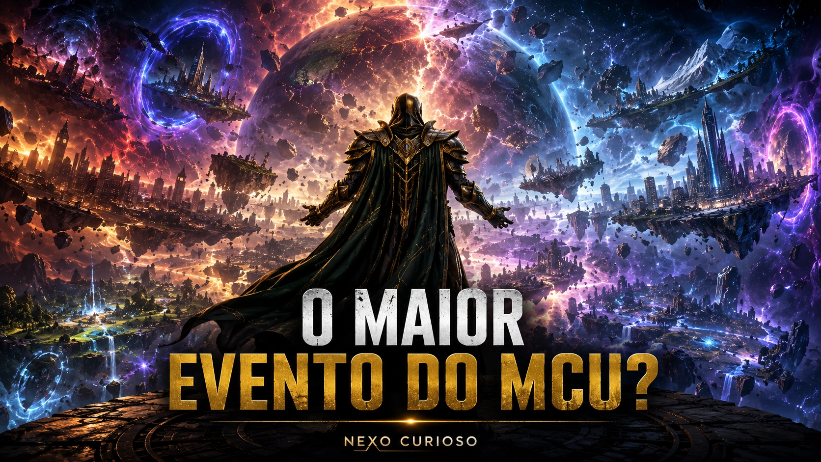 Mundo fragmentado no espaço com diferentes realidades colidindo, figura mascarada e imponente ao centro, portais e fragmentos de cidades ao fundo, universos se fundindo e energia cósmica, representando o possível maior evento do MCU.