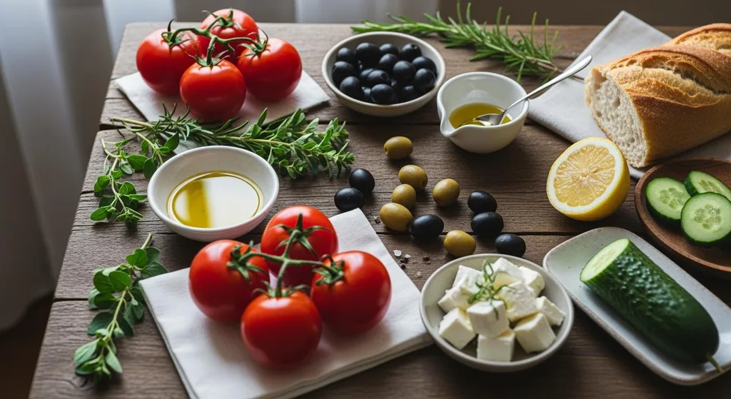 Azeite, azeitonas, vegetais e outros alimentos da dieta mediterrânea