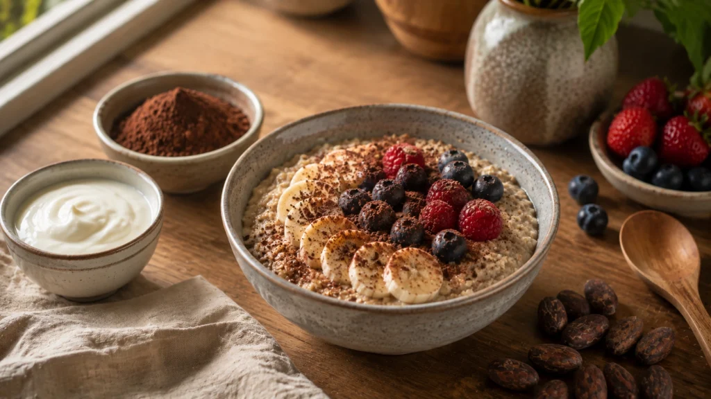 Cacau em pó servido com aveia, frutas e iogurte