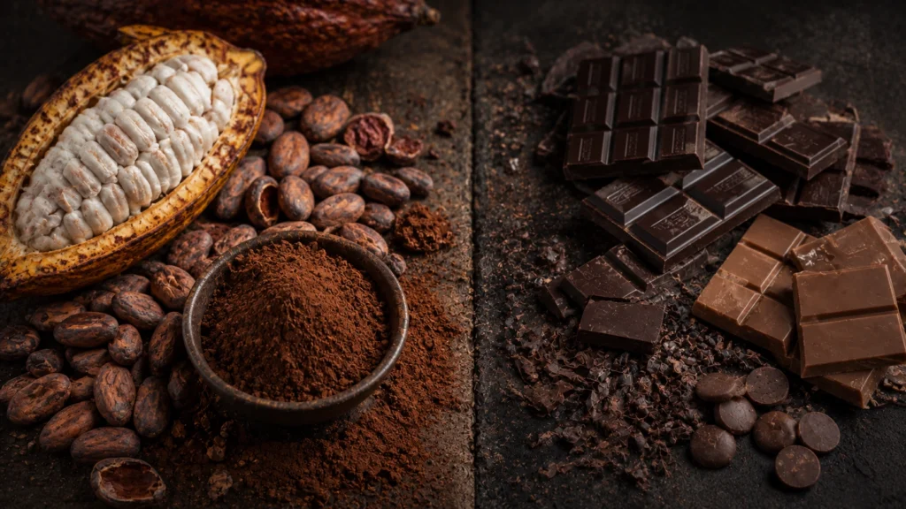 Comparação entre cacau em pó, sementes de cacau e chocolate