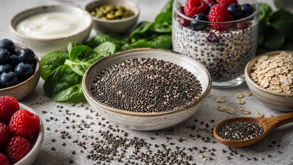 Sementes de chia com alimentos ricos em fibras e nutrientes