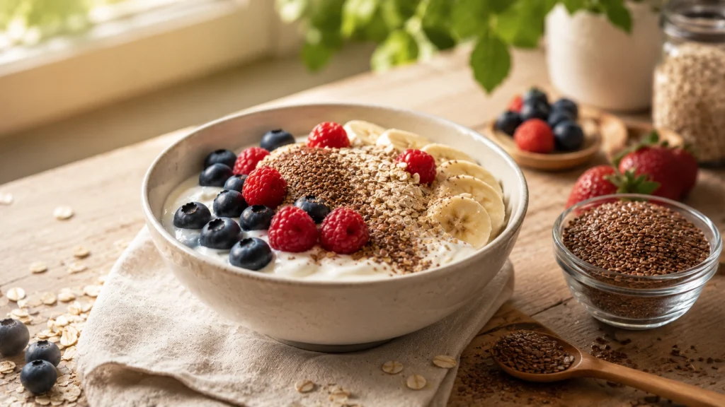 Linhaça moída adicionada a iogurte com frutas e aveia