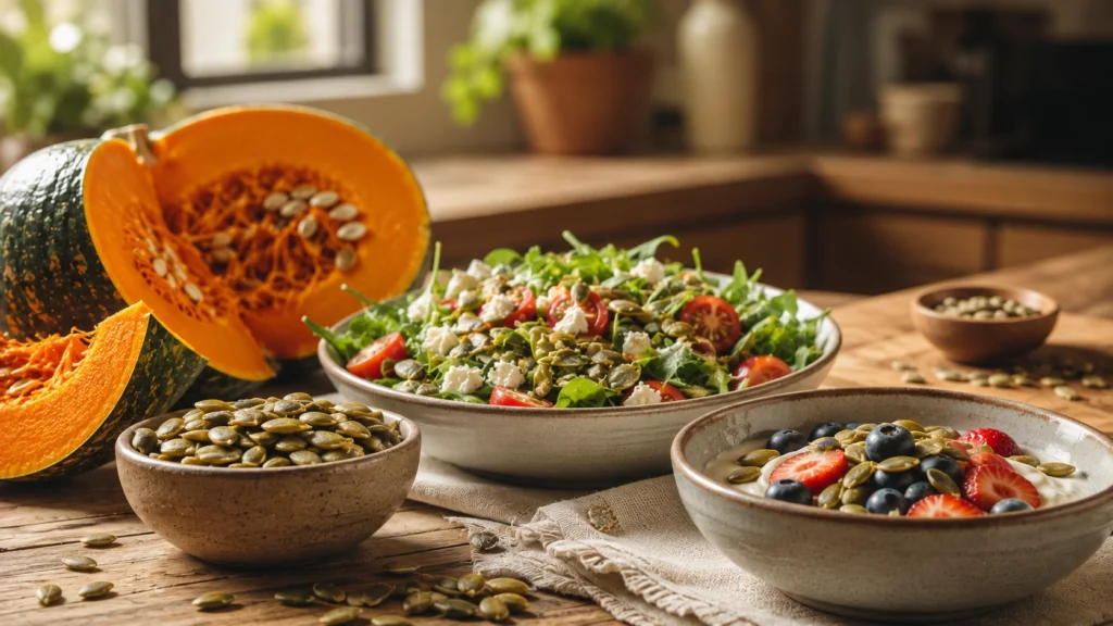 Sementes de abóbora torradas usadas em salada e iogurte