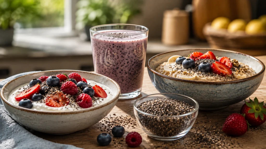 Sementes de chia em iogurte, aveia e vitamina