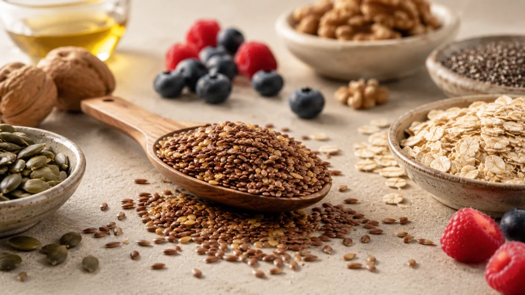 Linhaça e alimentos que representam sua composição nutricional
