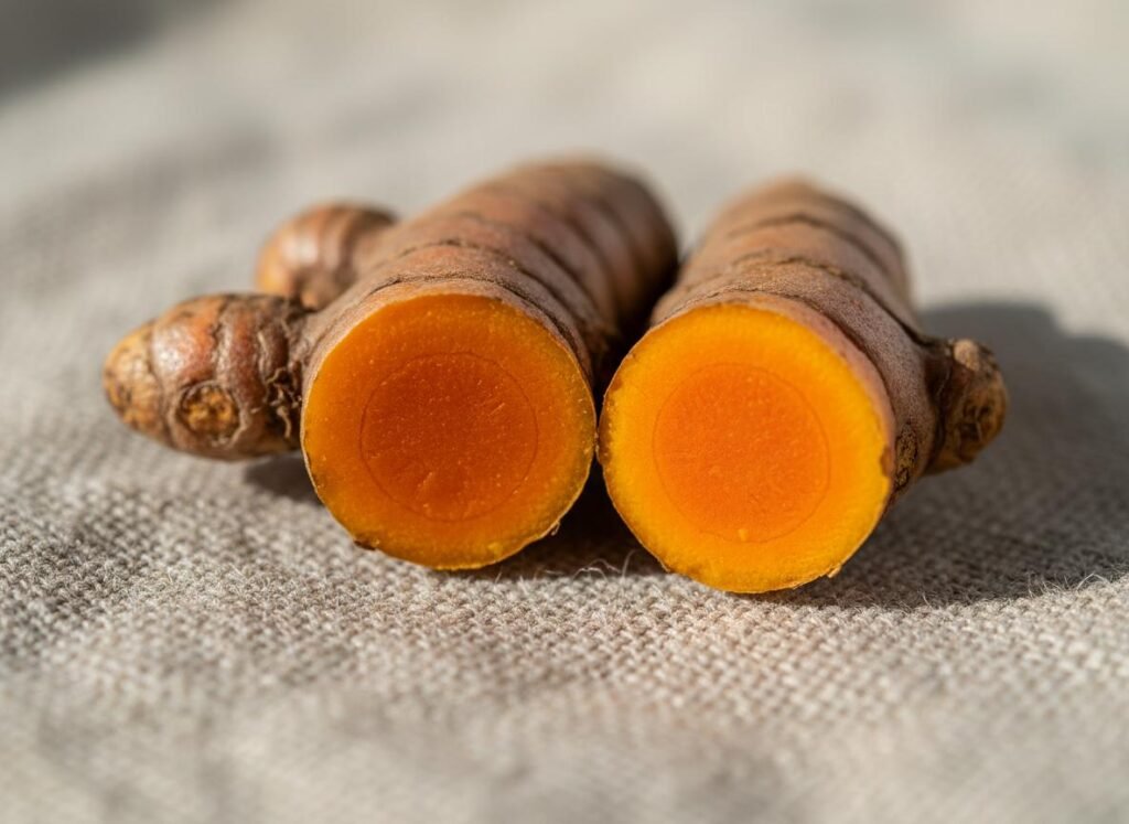 Raiz fresca de cúrcuma cortada mostrando sua coloração amarela