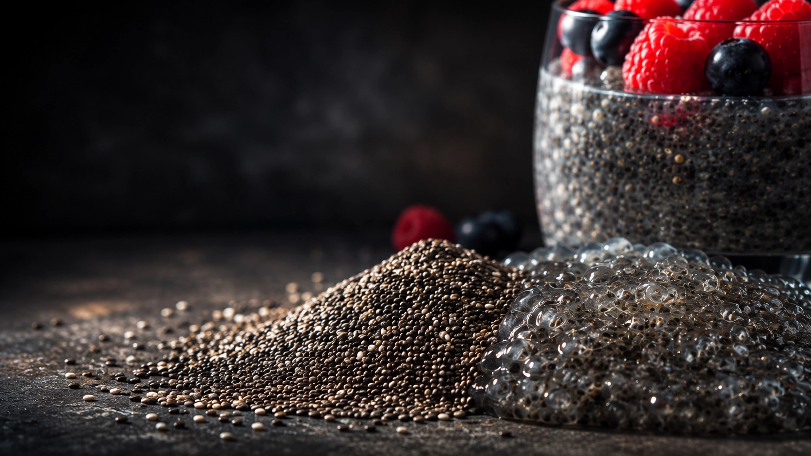 Sementes de chia secas e hidratadas em uma composição alimentar