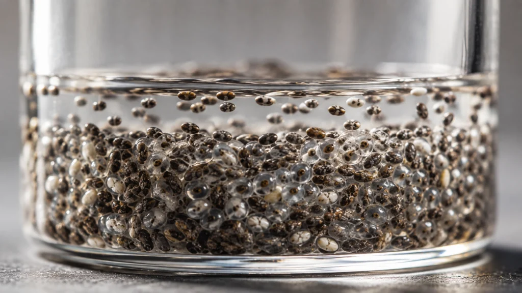 Sementes de chia hidratadas formando uma camada gelatinosa