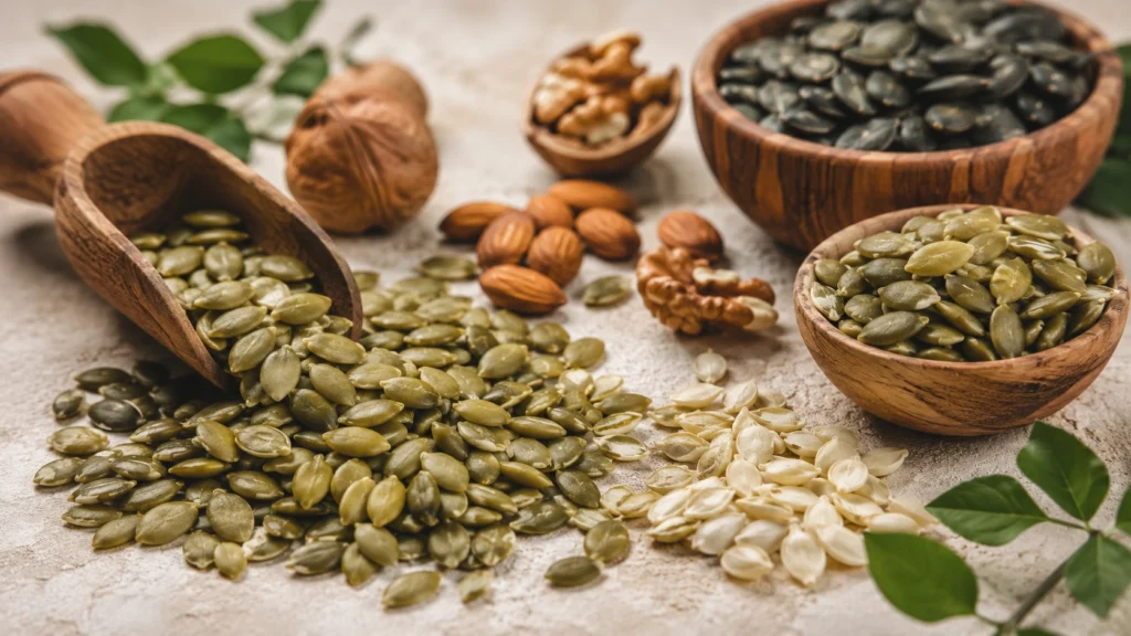 Sementes de abóbora mostrando seu interior e composição nutricional