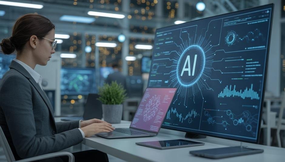 Profissional trabalhando com tecnologia de inteligência artificial em um escritório