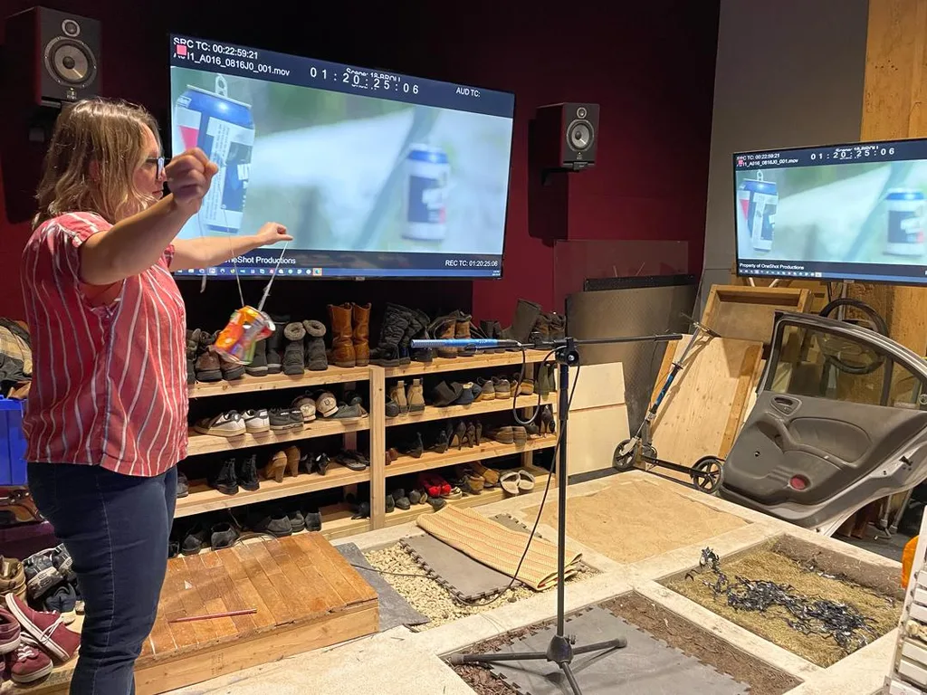 Artista de Foley criando efeitos sonoros para uma produção audiovisual
