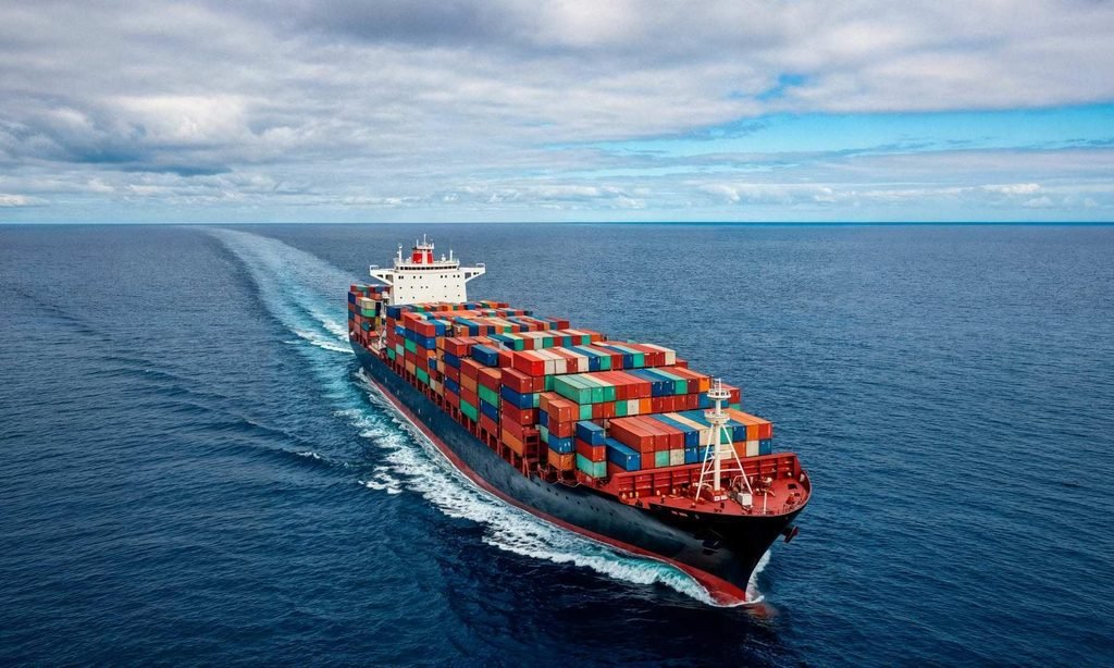 Contêineres empilhados em navio cargueiro durante transporte marítimo